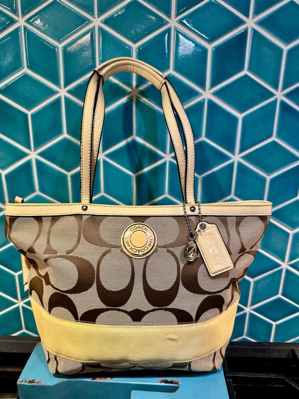 COACH Signature Canvas Tote in Beige and Tan with yellow trim